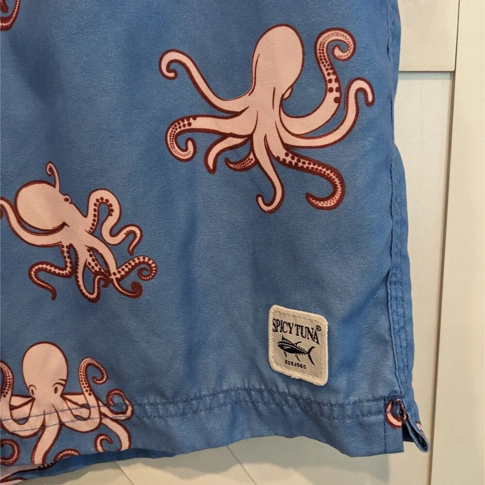 Spicy Tuna Octopus Swim Trunks Blue Mens L Beachcore Tropical Graphic Shorts
